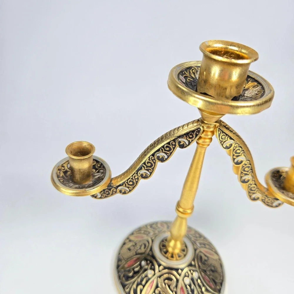 Vintage 10K Gold Gilded‎ 2-Arm Candelabra Russian Indian European Ornate  5.25